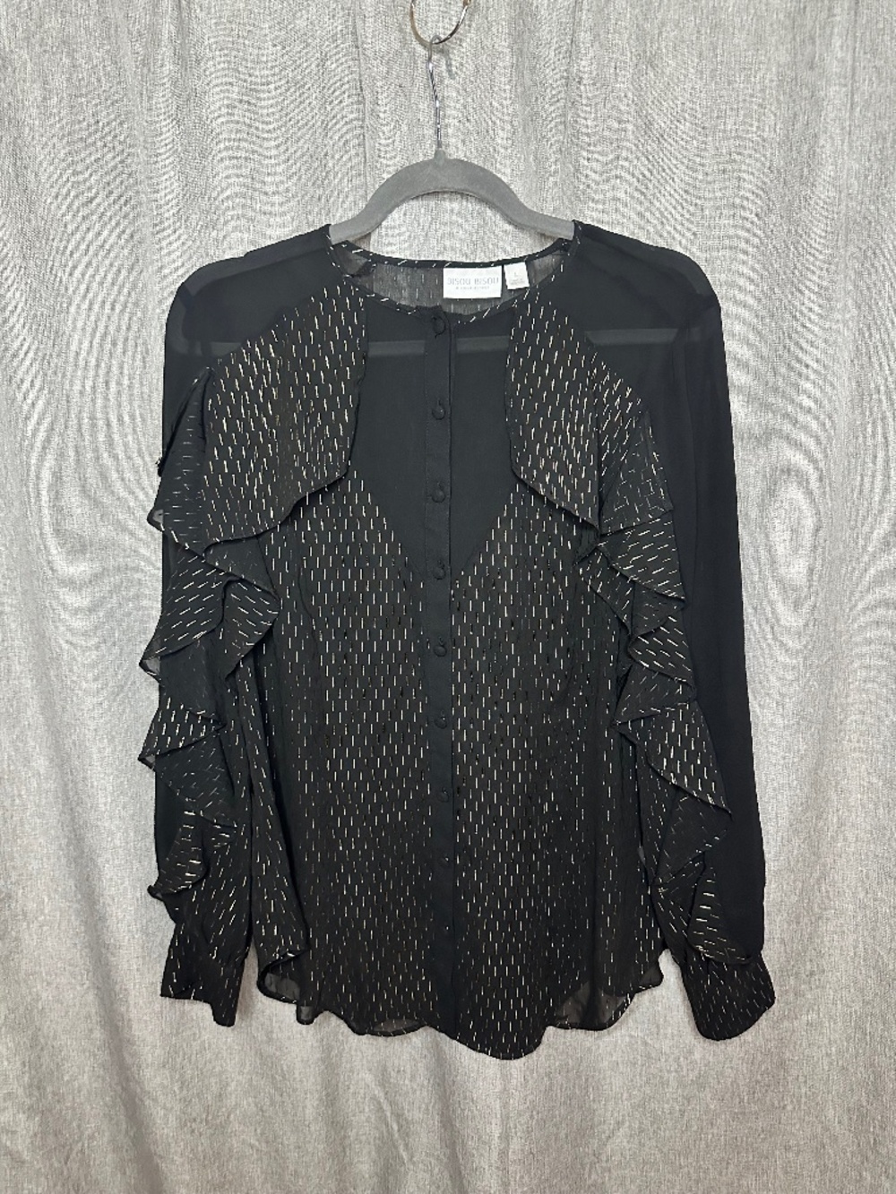 Bisou Bisou Black Chiffon Metallic Pinstripe Ruffle Blouse - Size Large